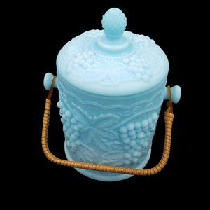 Rare Imperial Blue Satin Glass Grapes Biscuit Jar